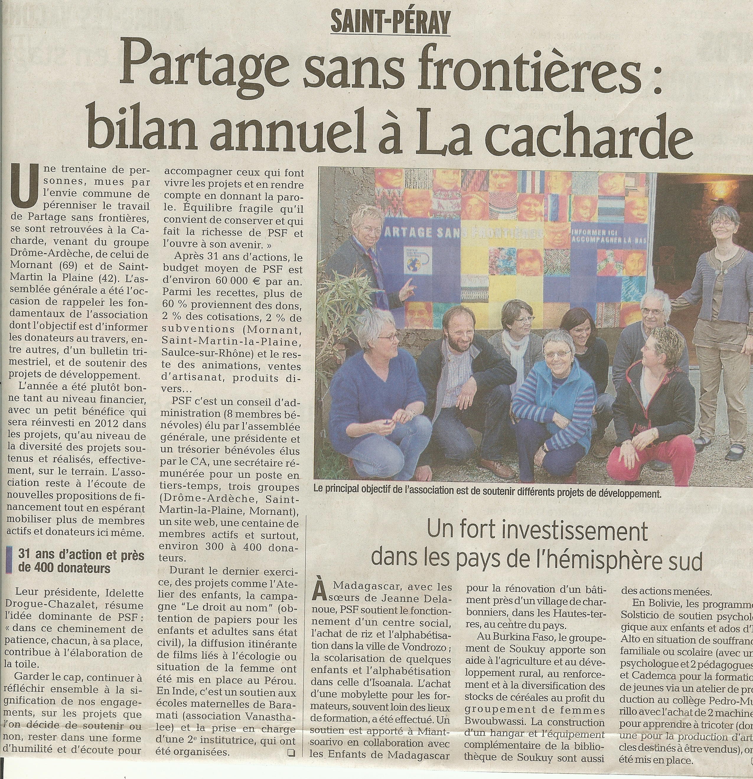 Article de presse du Dauphiné Libéré lors de l'assemblée générale de Partage dans Frontières le 24/03/2012 à la Cacharde