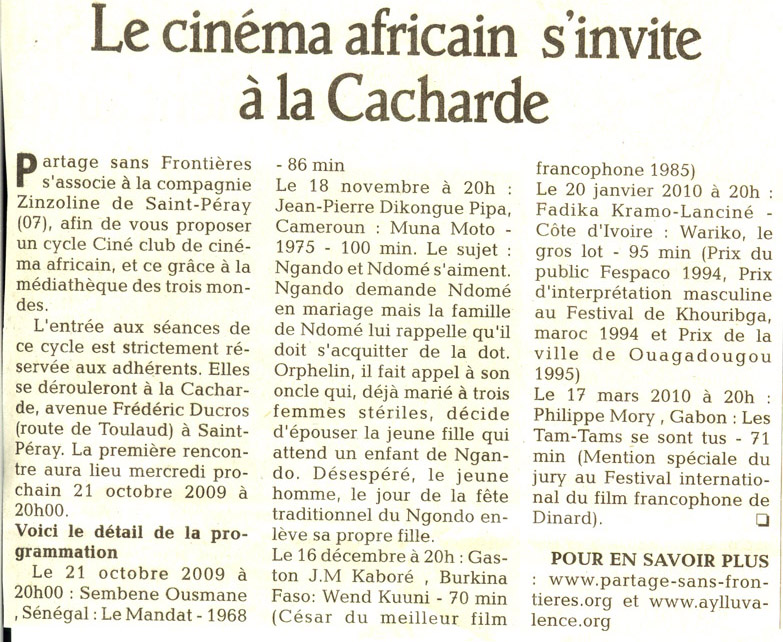 Article du dauphiné Libéré, ciné-club, cinéma africain