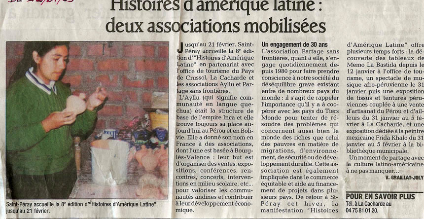 8 eme édition semaine "Histoires d'Amérique latine" de Saint-Péray en ardèche avec l'association Ayllu et Partage sans Frontières - la presse - article 03