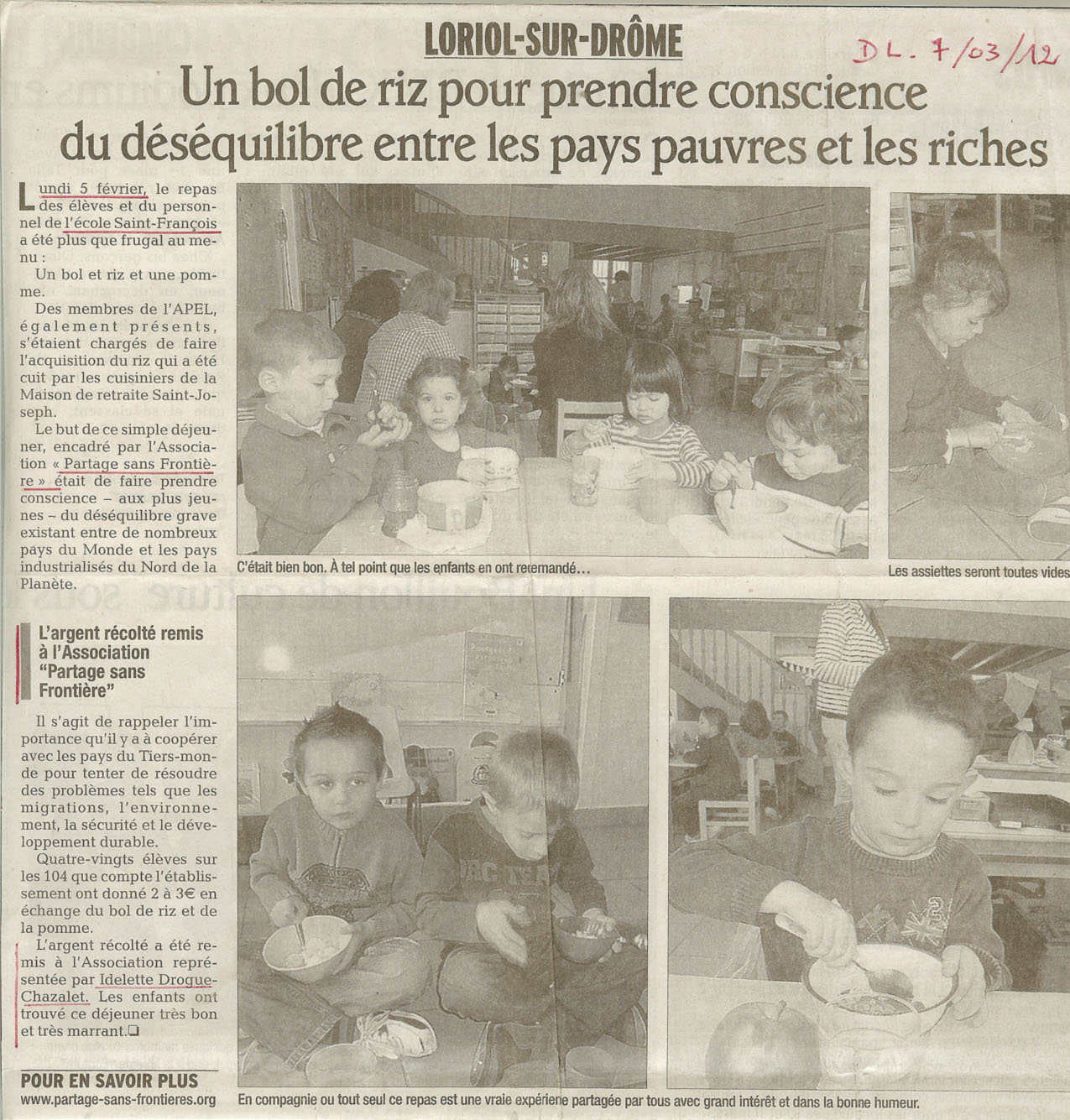 Intervention d'Idelette-Drogue Chazalet dans le cadre du bol de riz de l'école Saint-François de Loriol sur Drôme, le 06 mars 2012, la presse en parle.