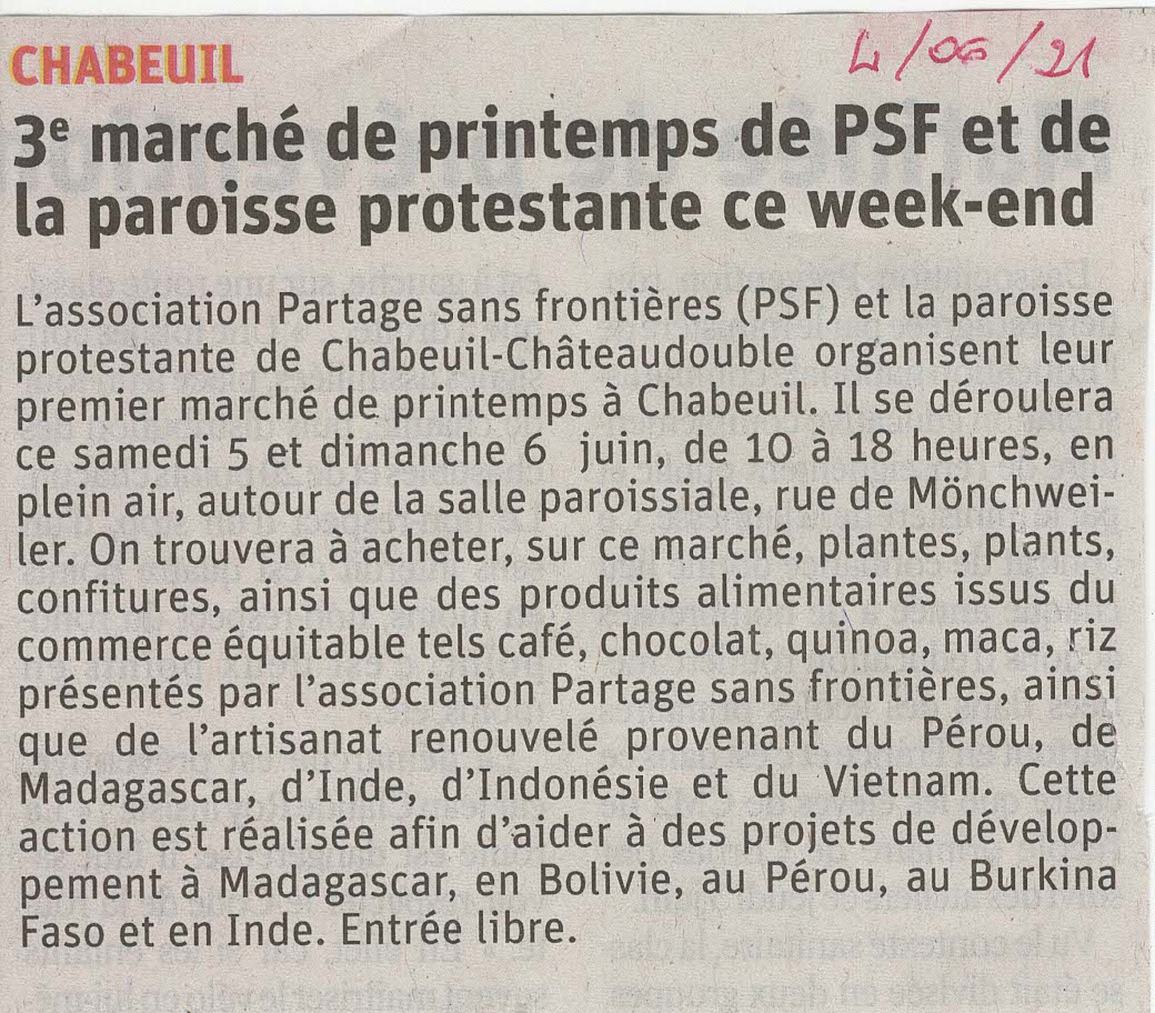 Marché de printemps de Partage sans Frontières à chabeuil en 2021