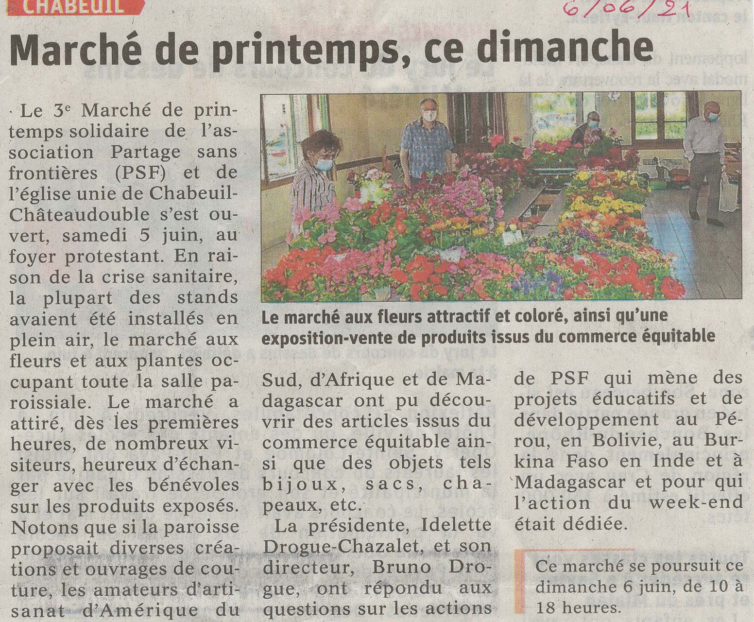 Marché de printemps de Partage sans Frontières, article du Dauphiné Libéré
