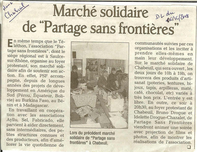La presse lors la vente solidaire de chabeuil en 2008 avec le SEL et Fabricado