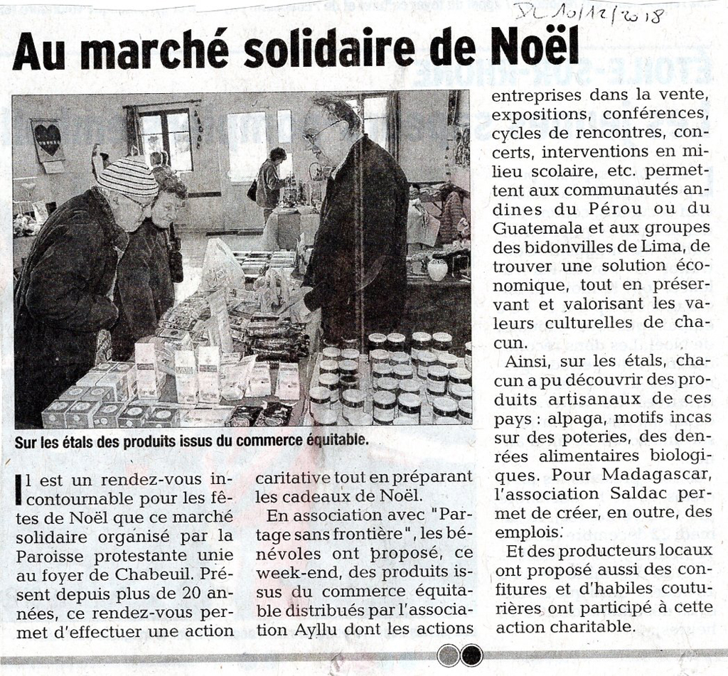 article de presse du marché de Noël solidaire 2018 de Chabeuil