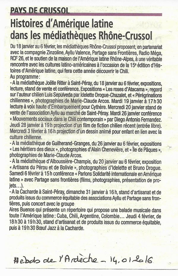 15 eme édition semaine "Histoires d'Amérique latine" de Saint-Péray en ardèche avec l'association Ayllu et Partage sans Frontières - la presse - article du Dauphiné libéré