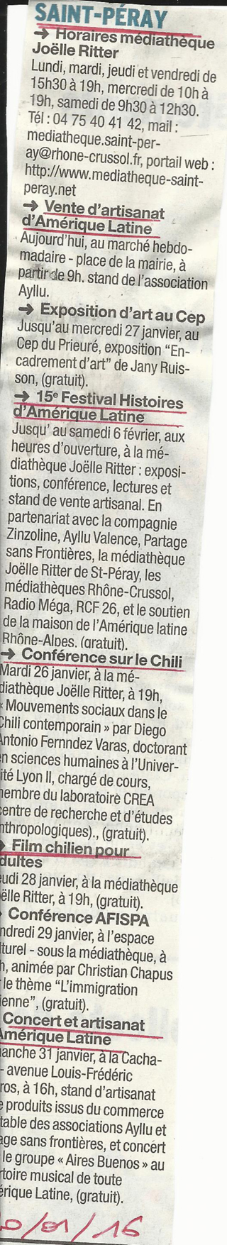 15 eme édition semaine "Histoires d'Amérique latine" de Saint-Péray en ardèche avec l'association Ayllu et Partage sans Frontières - la presse - article du Dauphiné libéré