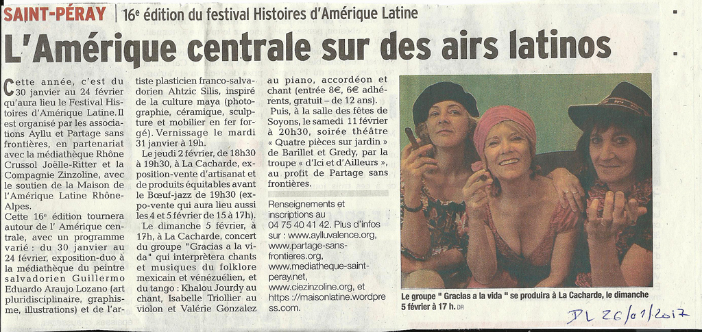 16 eme édition semaine "Histoires d'Amérique latine" de Saint-Péray en ardèche avec l'association Ayllu et Partage sans Frontières - la presse - article du Dauphiné libéré