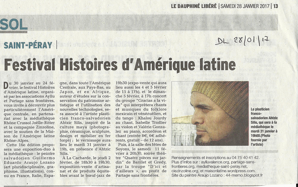 16 eme édition semaine "Histoires d'Amérique latine" de Saint-Péray en ardèche avec l'association Ayllu et Partage sans Frontières - la presse - article du Dauphiné libéré