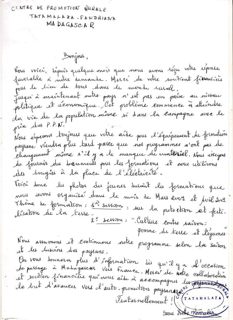 Lettre reçue de Tatamalaza en mai 2009